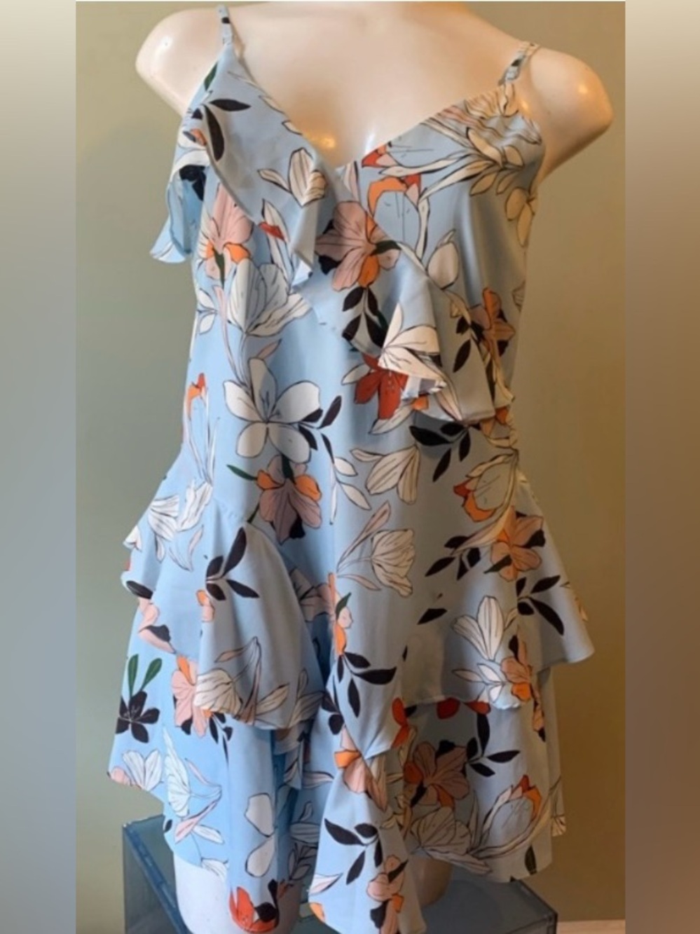 Parker Light Blue Floral Ruffle Slip Dress